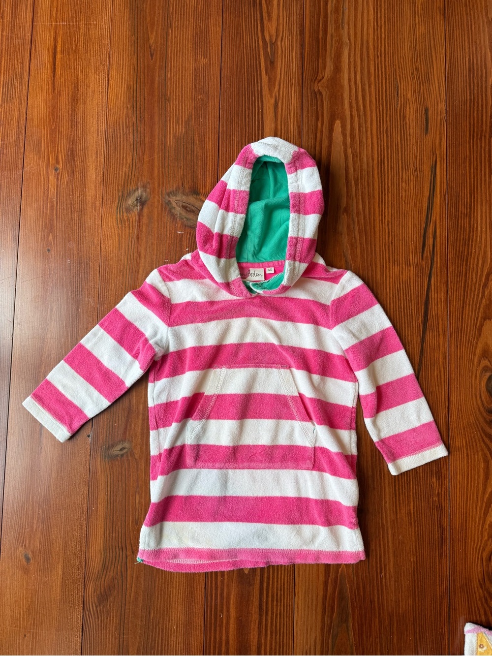 Mini Boden Pink & White Striped Hooded Terry Cloth Towel Tunic with Green Lining